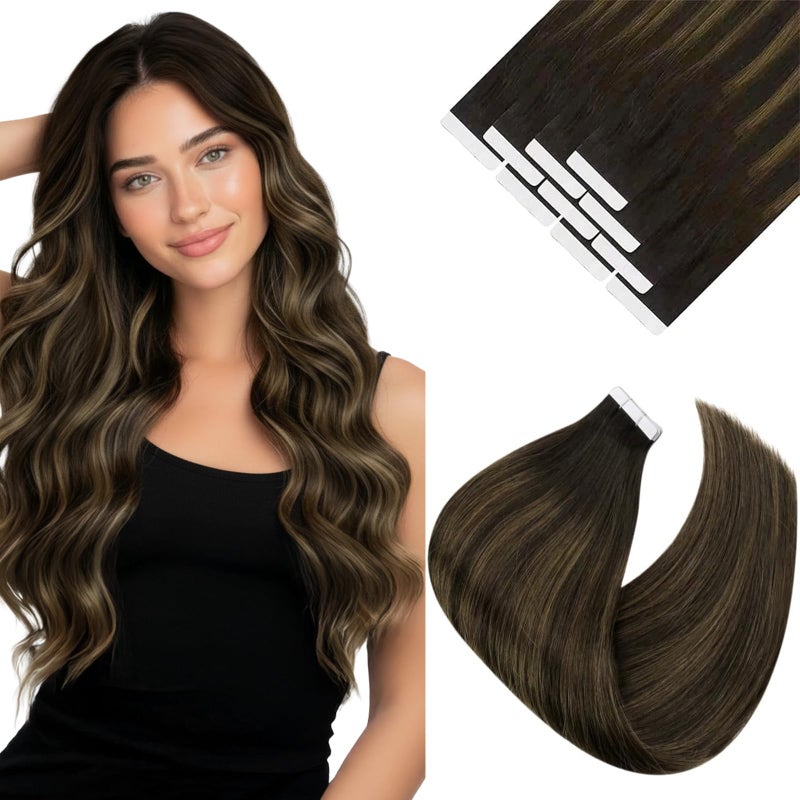 Ve Sunny Tape in Hair Extensions Real Human Hair Invisible Remy Human Hair Straight Tape Ins Double Sided Darkest Brown Ombre Medium Brown Balayage 20 inch 10Pcs 25G - Image 1